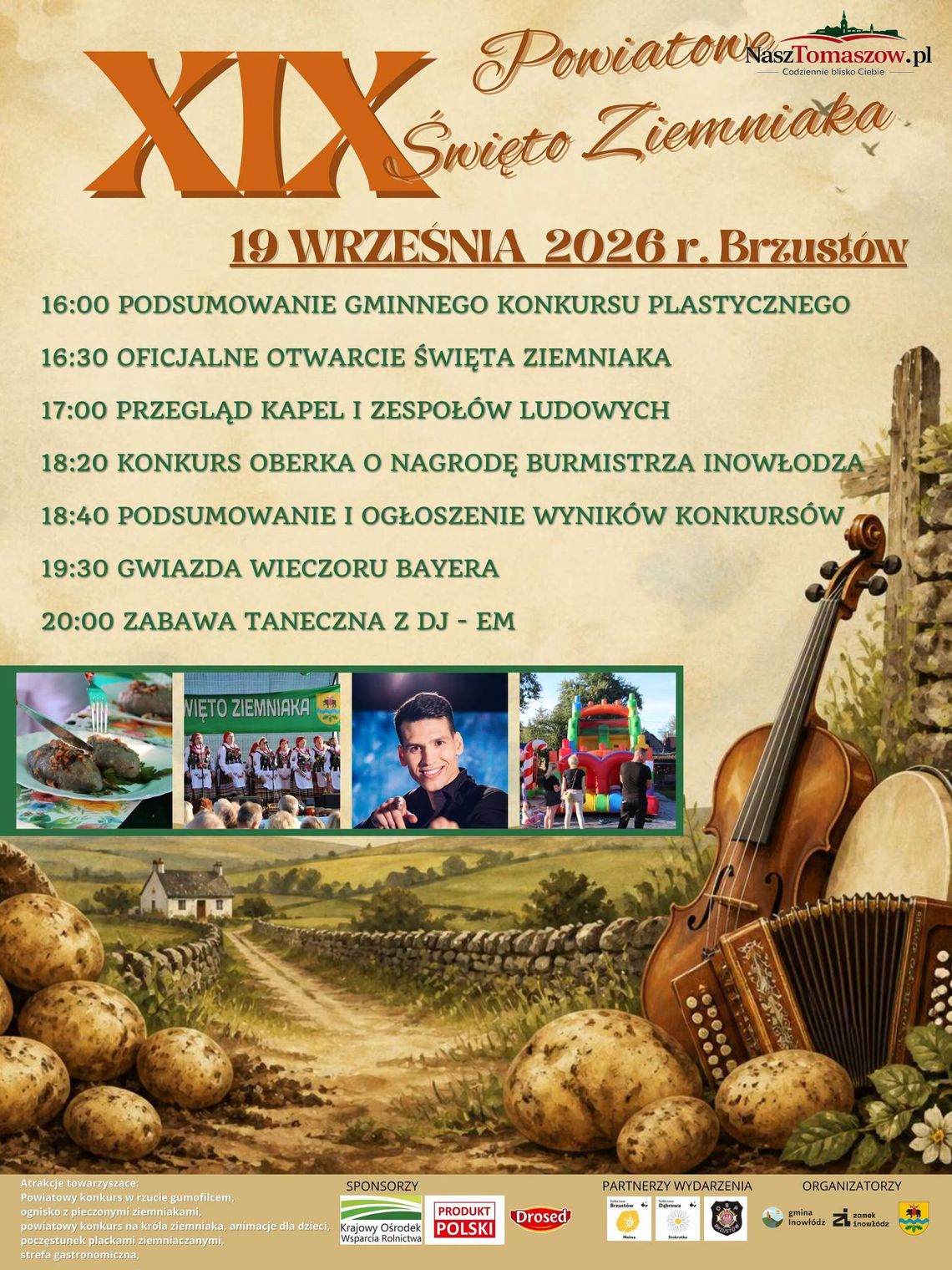 Plakat XIX Powiatowego Święta Ziemniaka w Brzustowie z programem wydarzenia i informacją o koncercie Bayera