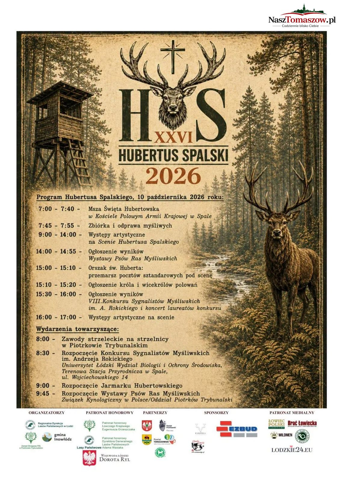 XXVI Hubertus Spalski 2026 Plakat wydarzenia XXVI Hubertus Spalski 2026 z jeleniem, amboną myśliwską i programem imprezy w Spale