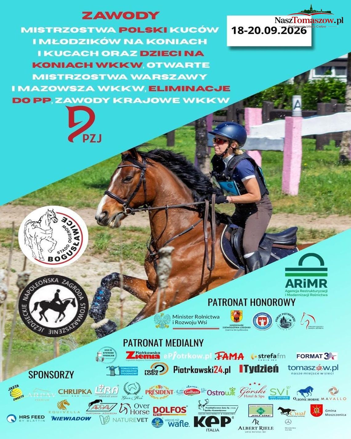 Plakat zawodów jeździeckich WKKW w Bogusławicach z zawodniczką na koniu i datą 18-20.09.2026