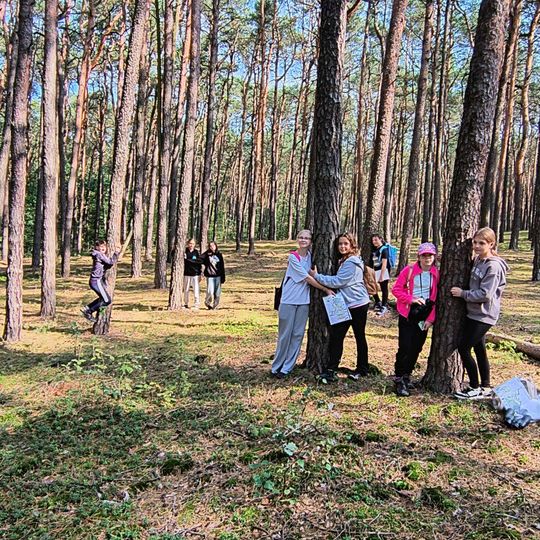 Grupa uczennic przytula sosnę podczas kąpieli leśnych – zdrowy styl życia w Tomaszowie Mazowieckim