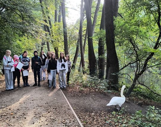 Grupa uczniów obserwuje łabędzia na ścieżce nad Pilicą – Niebieskie Źródła w roli żywej pracowni biologii