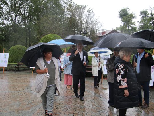 Uczestnicy z parasolami zwiedzają plenerową wystawę o dożynkach w Spale w deszczu.