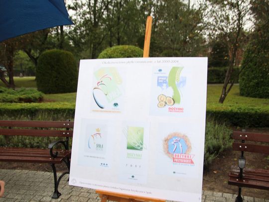 Zbliżenie planszy z pięcioma grafikami dożynek 2000–2004 na wystawie w parku w Spale.