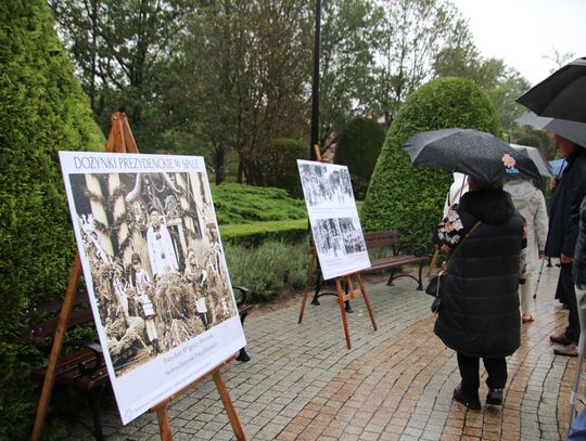 Grupa z parasolami ogląda plenerową wystawę plansz w parku.