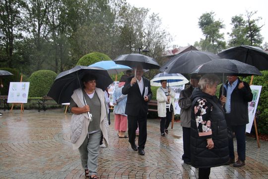 Spacer po deszczowej wystawie — Spała pamięta dożynki Uczestnicy z parasolami zwiedzają plenerową wystawę o dożynkach w Spale w deszczu.