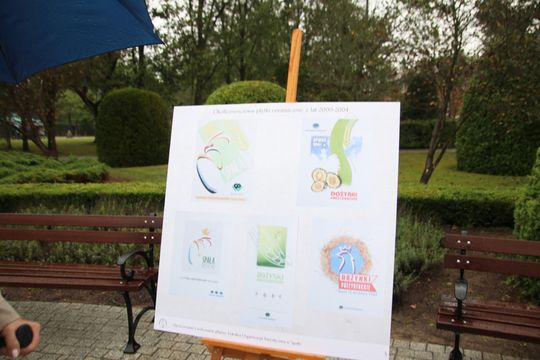 Plakaty i płytki – znak rozpoznawczy spalskich dożynek Zbliżenie planszy z pięcioma grafikami dożynek 2000–2004 na wystawie w parku w Spale.