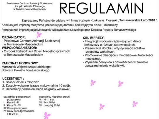 Zaproszenie na  I Integracyjny Konkurs Piosenki "Tomaszowskie Lato 2018"