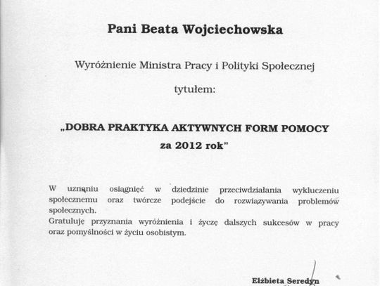 Wyróżnienie Ministra Pracy i Polityki Społecznej