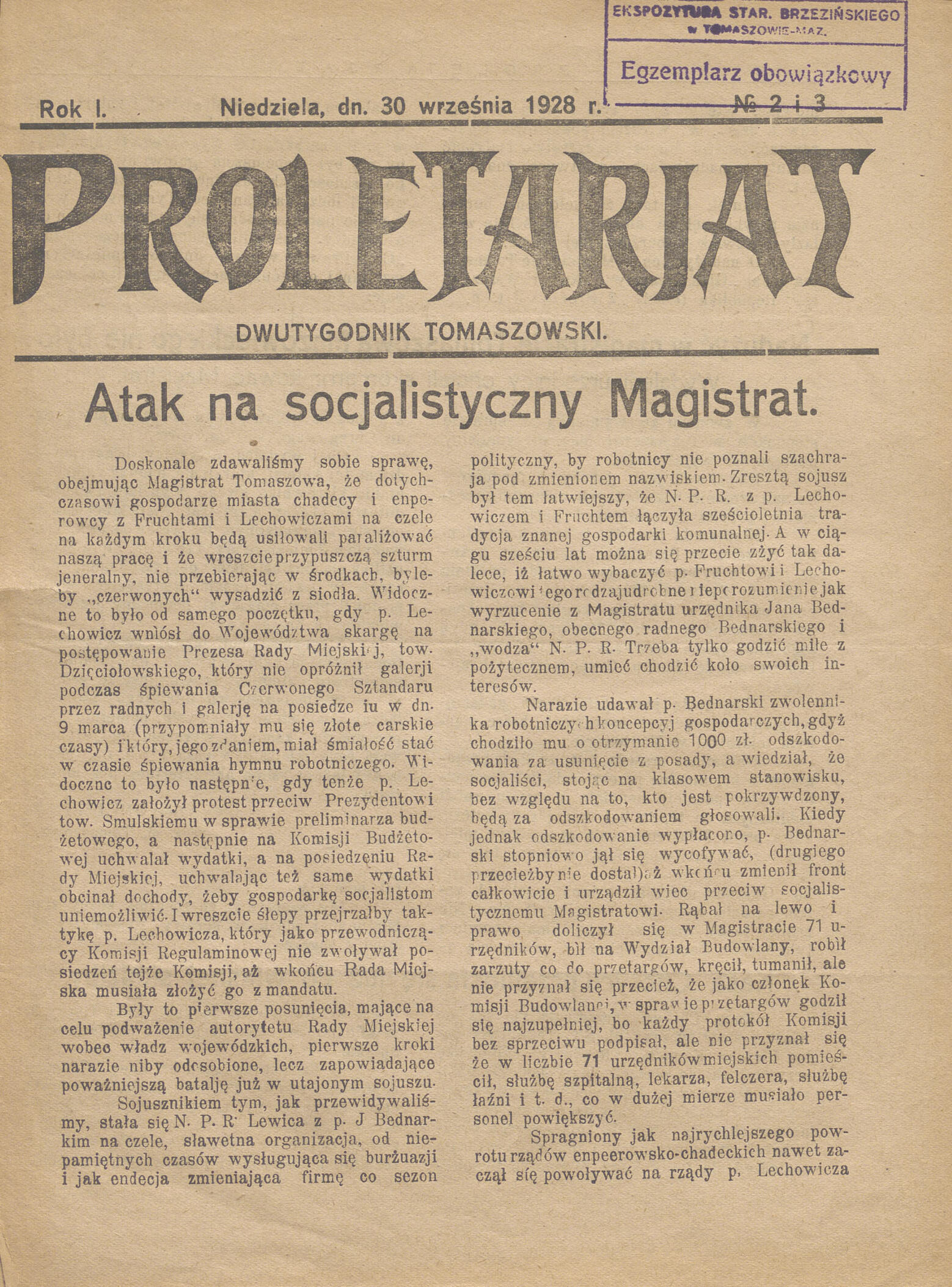 Proletarjat - dwutygodnik Tomaszowski - strona 1