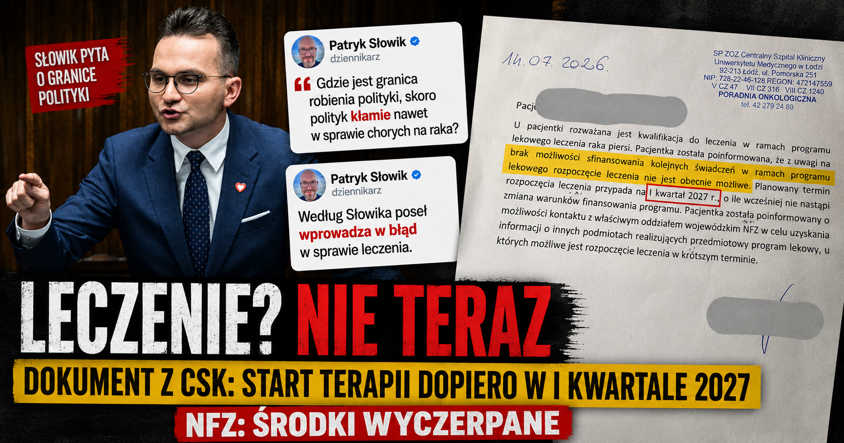Poseł obiecuje leczenie. Szpital odsyła pacjentkę. NFZ potwierdza: pieniądze się skończyły